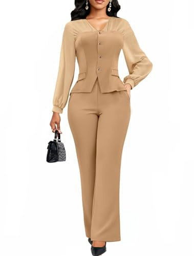 acelyn Formal Two Piece Sets for Women Pant Suit Mesh Sleeve Button Jacket Top Long Pants Set Office Party Pantsuits Khaki