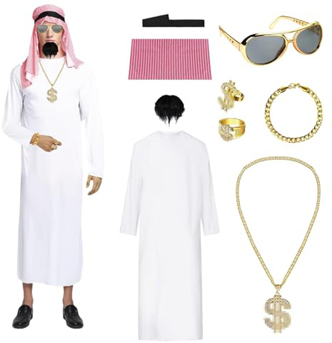 XILEPINGAN Costume Arabo Uomo, Costume sceicco arabo, Completo da Sceicco Arabo con Accessori, Perfetto per Carnevale, Feste in Maschera, Halloween e Party a Tema