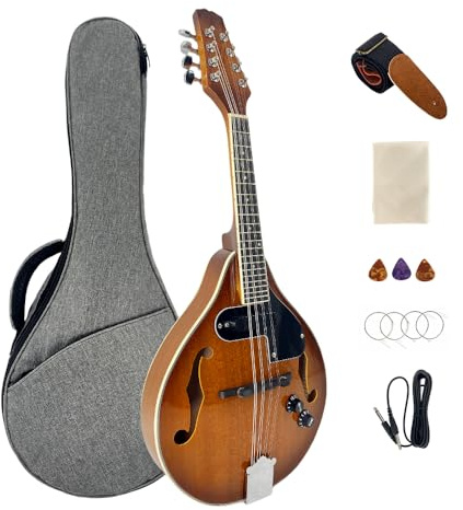 YoungMonic Instrumento musical de mandolina estilo A, kit de mandolina electrónica acústica, 8 cuerdas para principiantes y adultos, con funda de transporte, cuerdas adicionales, púas, paño de