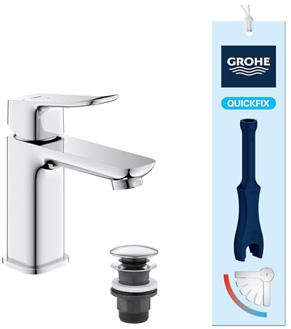 GROHE Dice Mitigeur monocommande Lavabo Taille S (Robinet pour Lavabo de Salle de bain, Avec bonde clic clac, facile à installer avec QuickTool inclus, Economie d'eau), Chrome, 1018610000