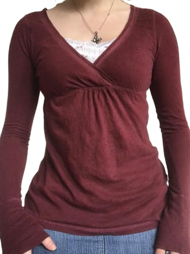 Yoisdtxc Women Fairy Grunge Wrap V-Neck Tops Long Sleeve Slim Fit Aesthetic Top Y2K Shirts Streetwear (A-Red, L)