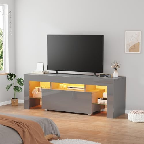 Menaka Led TV Stand Cabinet for 55-65inch TV with Drawer and Shelves, 130cm TV Unit Entertainment Media Center Console Cabinet Wood High Glossing for Living Room Bedroom (Grey High Glossing)