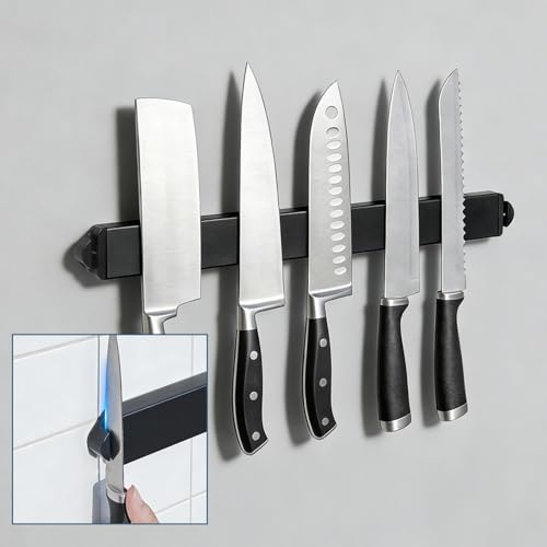 Lerju 17Inch Magnetic Knife Holder with Built in Sharpener - Magnetic Knife Holder for Wall,Stainless Steel Knife Strip With Powerful Magnetic Pull Force,Used as a Knife Sharpener,Knife Magnetic Strip