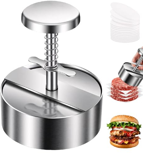 GSCRE Prensa para hamburguesas de acero inoxidable, juego antiadherente para hacer patty de hamburguesa para carne uniforme, accesorio para parrilla para hamburguesas smash, BBQ y camping, prensa para