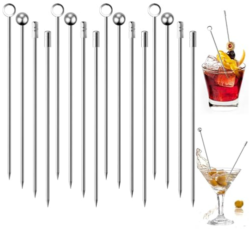 16 Pezzi Stuzzicadenti per Cocktail in Acciaio Inox 304, Spiedini Riutilizzabili per Aperitivi e Frutta, Set di Bastoncini con 4 Design Eleganti per Bar e Feste, 11cm, Argento
