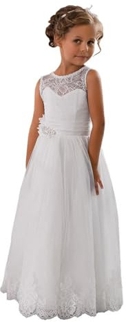 Lace Embellished A-Line Sleeveless Girls Wedding Party Dresses Size 12,White