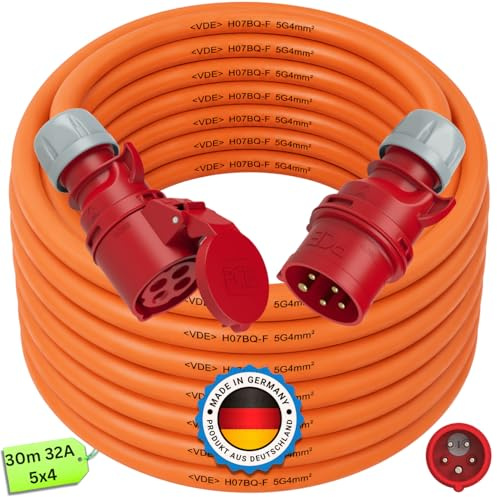 netbote24 maxgo CEE-Starkstromkabel Kraftstromkabel Verlängerungskabel mit Phasenwender 400V 32A 50m 5P 6h Verlängerung Polyurethanleitung Pur Kabel H07BQ-F 5X4mm² IP44 Außenbereich