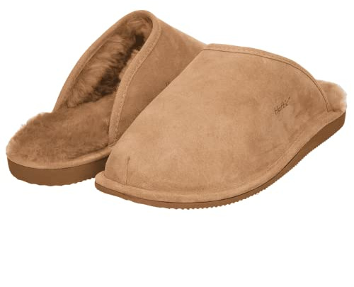 Haftic® Zapatillas de estar por casa para hombre, piel de cordero, cálidas, forradas para invierno, cerradas, transpirables, suela suave, hechas a mano, lana de oveja, zapatillas, beige, 43 EU