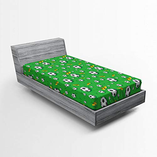 ABAKUHAUS Football Drap-Housse, Chaussures Balles sur l'herbe, Pochette Élastique Tout Confort pour Literie en Tissu Décoratif, 90 x 200 cm, Noir Et Jaune