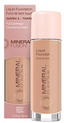 Mineral Fusion Full Coverage Foundation, Liquid Foundation - Warm 4- Med to Tan Complexion w/Golden/Yellow Undertones, Lightweight Matte Finish, Up to 12 Hr Hydration, Hypoallergenic & Vegan, 1 fl. oz