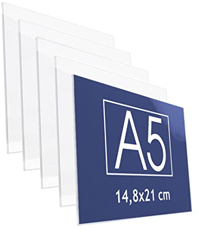 Danieli Store - Soporte de Pared de Metacrilato A5 Horizontal para Carteles. Expositor con Adhesivo Doble Cara para Pared y Cristal. Soporte de Acrílico Transparente para Avisos (5 unidades)