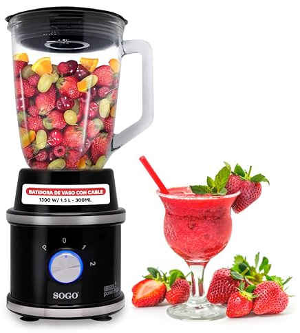 SOGO Batidora de Vaso, Dos Jarras de 1,5 Litros y de 0,3 Litros, Cuchilla Acero Inoxidable 1300W, Negro (BAT-SS-5545)
