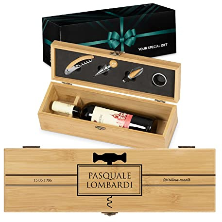 Maverton Cofanetto Porta Vino Amore Completo di Accessori | Set Cavatappi da Vino Personalizzato, Scatola in legno di bambù + 4 pezzi di Accessori Vino, regalo uomo, Ottima annata