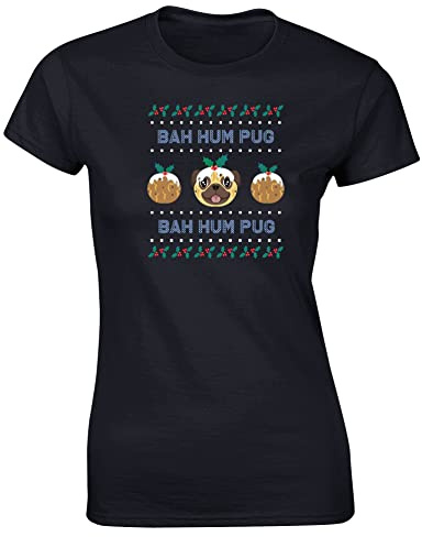 Hippowarehouse Bah hum Pug Christmas Pudding Jumper Womens Fitted Short Sleeve t-Shirt (Specific Size Guide in Description)