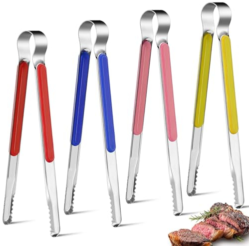 4 Edelstahl Küchenzangen, Hochhitzebeständige Grillzange, Kochzange Servierzange, 25,4 cm Metall Lebensmittelzange mit rutschfestem Komfortgriff, Antihaft Kochzange