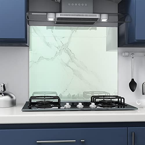 BELOFAY 70x90cm White Marble Tempered Glass Splashback/Backsplash for Kitchen | 6mm Toughened Glass Heat Resistant Hob Splashbacks for Cookers