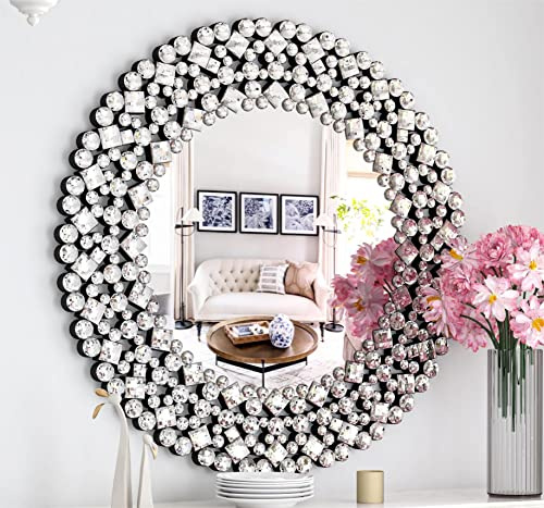 SHYFOY Specchio Rotondo da Parete, Grande Specchio da Parete Moderno con Bordo di Gioielli in Cristallo | Oggetto Decorativo Per Pareti | Ideale Come Oggetto Decorativo in Soggiorno| 86x86 cm