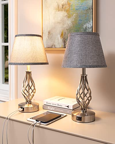 EDISHINE Bedside Lamps Set of 2, 3 Way Dimmable Touch Lamp with USB Charging, Table Lamps for Living Room, Bedroom, Grey Linen Shade, Spiral Cage Base (LED Bulbs Included)