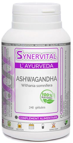 Ashwagandha Synervital 240 gélules dosées à 300 mg - Complément alimentaire - Stress, fatigue, insomnie, amélioration des performances - Fabriqué en France