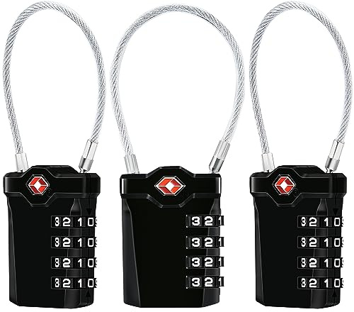 Diyife TSA bagagelås [3 stycken uppgraderad] 4-siffrig kombination säkerhetslås reselås, med 14 cm flexibel kabel för resväska bagage ryggsäck skola eller gym skåp, etc svart)