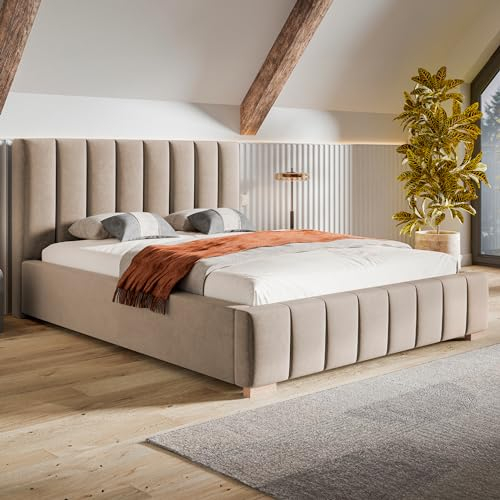 MOTIVENA Vigo Bett 140x200 Beige Samt, mit Stauraum, mit Kopfteil, mit Lattenrost, mit Füßen, ohne Matratze, Polsterbett 140x200 mit Bettkasten Beige