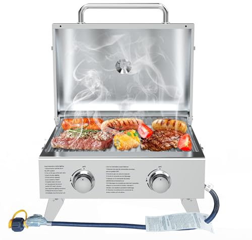 BBQCuker Griglia a gas propano portatile a 2 fuochi da tavolo con gambe pieghevoli per campeggio all'aperto cucinare due bruciatori da 10.000 BTU in acciaio inossidabile e termometro integrato stile