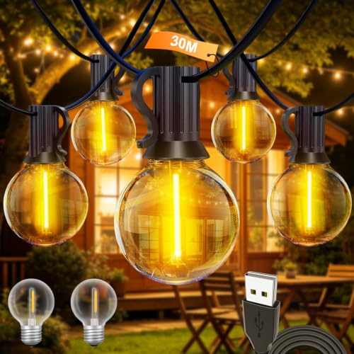 IKERY USB String Lights, 30m, IP65 Warm White Bulbs for the Garden and Indoors