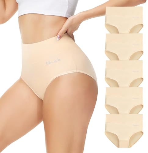 Momoshe Trosor Dam Bomull Hög Midja 5-Pack Trosor Andningsbara Culottes Bekväma Stretch Underkläder, Beige, M