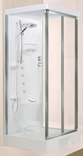 Novellini New Holiday S2F Hammam 100 x 80 cm Cabine de douche multifonction ouverture soufflet montage mural mitigeur thermostatique verre transparent profil argent hydromassage sauna tige haute 225,5