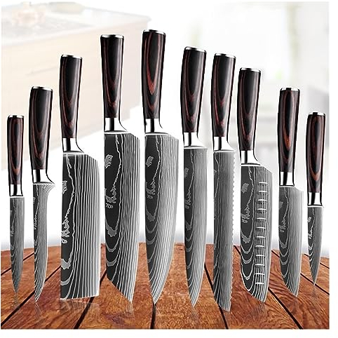 LIUJOU Set di coltelli da cucina Coltello Santoku giapponese in acciaio inossidabile modello Damasco Mannaia for carne Coltello multiuso for affettare