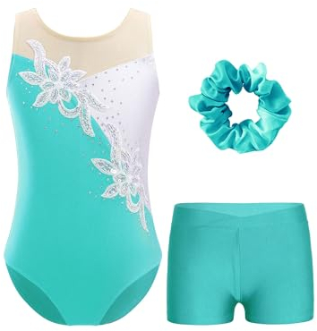 FEESHOW Kinder Turnanzug Mädchen Mit Kurzer Hose Ärmellose Glitzer Pailletten Strass Turntrikot Gymnastik Body Shorts Haargummi Set Blaugrün 134-140