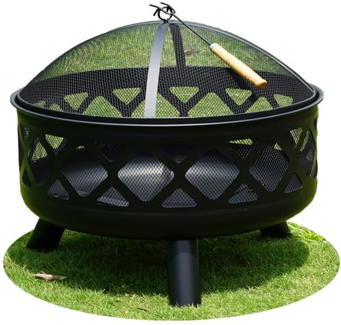 Gr8 Garden Round Fire Pit Bowl Black 24 inch Large Outdoor Garden Patio Mesh Cover And Poker Camping Wood Log Heater Steel Charcoal Burner
