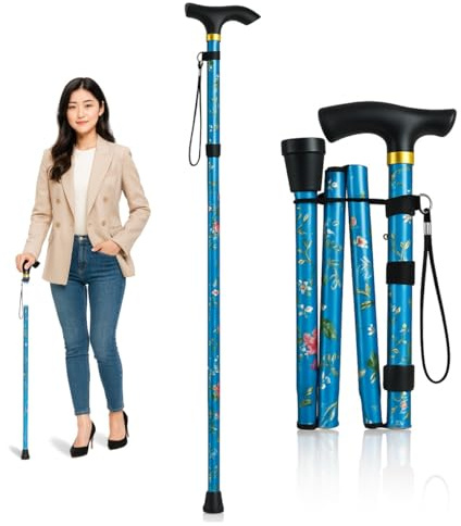 Floral Foldable Walking Stick for Women, Adjustable Lightweight Aluminium Walking Cane with Comfortable Handle, Portable Folding Design for Ladies’ Mobility, Safety and Daily Support, Flower Design