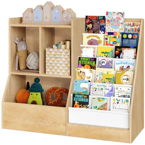 MAHANCRIS 100 cm Kids Bookshelf and Toy Storage, 7 Layer Kids Book Sling Shelf, Toddler Bookshelf, Kids Bookcase, Toy Organizer Cabinet, Large, for Playroom, Bedroom, Nursery, Natural ABKNW7301