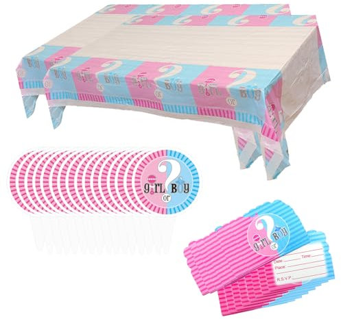 LINGJIA Lot de 34 décorations de fête de révélation de genre - Vaisselle décorative - Assiettes en papier - 2 nappes, 16 décorations de gâteau - 16 invitations