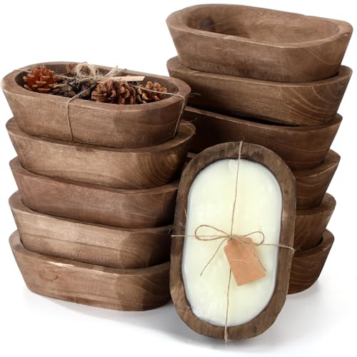Tioncy 12 Pcs Wooden Dough Bowls Rustic Decorative Wood Dough Bowls Bulk for Decor with Card, Hand Carved Paulownia Wood, for Home Decor Candle Wedding Gifts Crafts Farmhouse Tray(Oval)