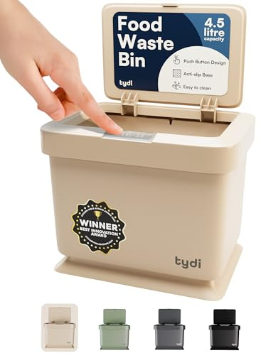 Tydi 4.5L Food Waste Bin with Press-Button Lid – Compost Bins for Kitchen - Anti-Slip Base and Secure Lid Kitchen Compost – Small Indoor Caddy for Cupboard or Countertop – Taupe