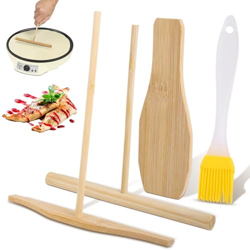 Fzyisw Juego de 4 esparcidores y espátulas para esparcir y girar crepes, herramienta de madera para crepes y tortitas, esparcidor de masa en forma de T con mango largo y cepillo de aceite, para cocina