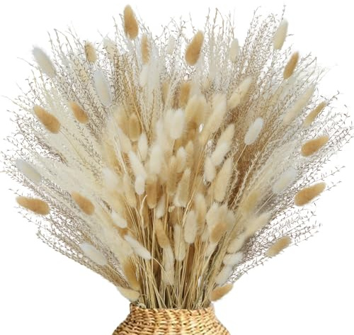 Fairblo 200 Pezzi Erba di Pampa Essiccata Pampas Grass e Coda di Coniglio Fiori Secchi Naturali per Home Decor Matrimoni Feste Decorazioni Boho (Bianca, Marrone)