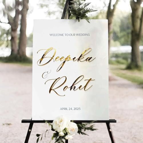 Cartello Di Benvenuto Personalizzato For Matrimonio, Cartellonistica For Matrimonio In Acrilico 3D, Decorazioni Personalizzate For Ricevimento E Cerimonia, Cartello In Specchio Acrilico Dorato(Clear)