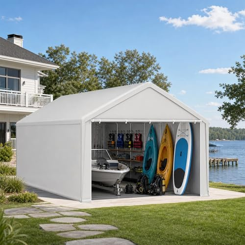 Aufun Carport Zeltgarage 4x8m, Wasserdichtes Lagerzelt mit PE-Dach, JOD Garagenzelt mit abnehmbaren Seitenwänden, UV-beständig Winterfest Unterstand für Auto, SUV, LKW, Boot, Weiß