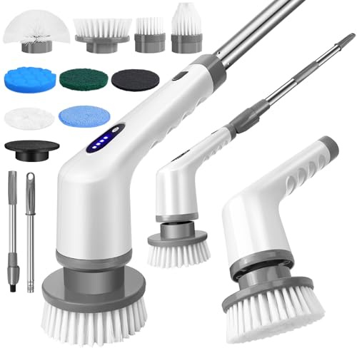 Electric Spin Scrubber, 9 in 1 Electric Cleaning Brush with Extension Handle and 9 Replaceable Brush Heads, 380RPM Rechargeable Power Scrubber for Bathroom, Sink, Shower, Kitchen, Floor, Car