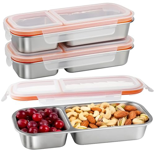 Greentainer Stainless Steel Snack Box with 2 compartments, Snack Container, Bento Box Lunch Container with Lid, Divided Salad Box for Candies Spices Nuts Cookies Vegetables, 3 Pack