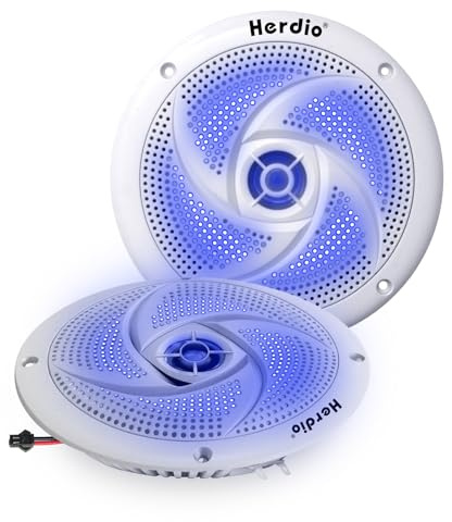 Herdio Marine högtalare – 5,25 tum 2-vägs vattentäta och väderbeständiga med LED-lampor, 180 watt effekt och låg profil smal stil – 1 par (vit)