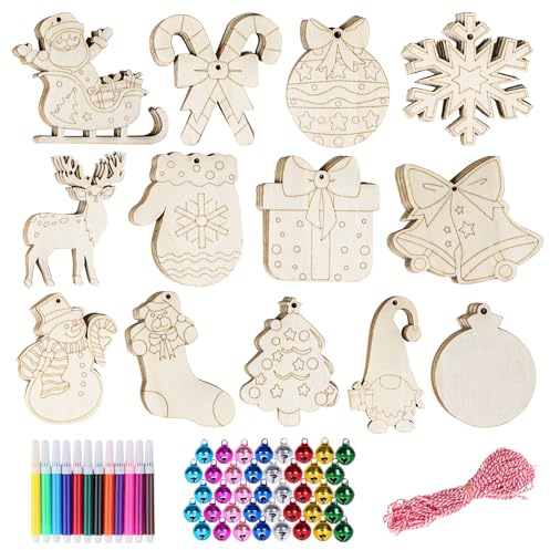 Herbbree 52pcs Wooden Christmas Decorations Set - 13 Shapes Wooden Baubles with Holes, Unfinished Wood Slices for DIY Crafts Christmas Hanging Ornament, Holiday Decor