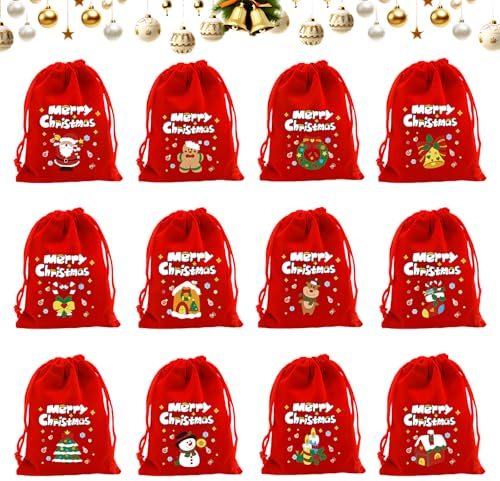 Dwafill Weihnachts Stoffbeutel 24 Stück, Samtbeutel 10x15 Rot, Wiederverwendbar Weihnachtsbeutel mit Kordelzug, Weihnachten Jutebeutel Klein, Weihnachts Stoff Beutel Süßigkeiten Beutel Weihnachten