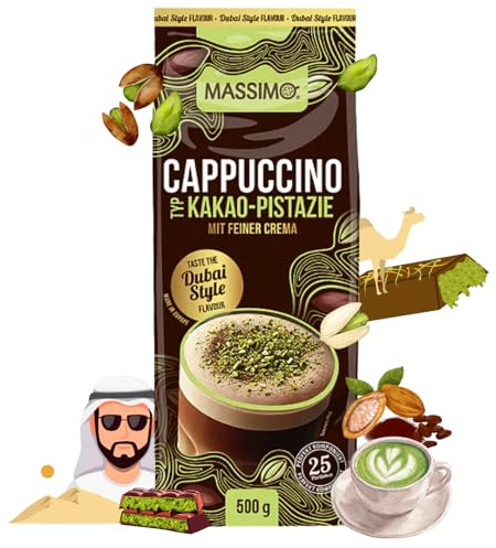 MASSIMO Type Cappuccino Dubai Chocolate Style, 10 x 500 g, boisson instantanée en poudre avec café instantané, cacao pistache avec crème fine, caféine, préparation rapide