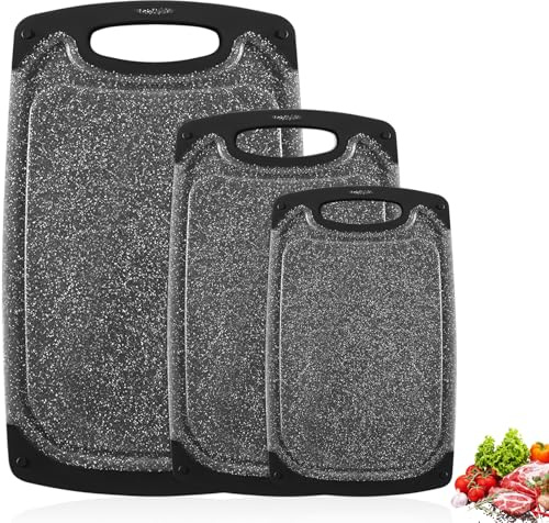 3 Pièces Planche Découper, avec Poignée & Rainure Jus & Pieds Antidérapante, Set Planches Decouper Cuisine, Cutting Board Plastique Passe au Lave-Vaisselle pour Viande, Légumes, Fruits (Noir)