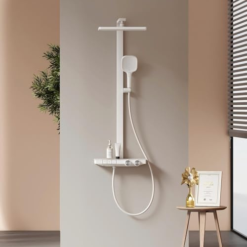 EMKE Regendusche mit Thermostat, Regendusche 360x240 mm, Weiß Matt | Wassermenge einstellbar, 3 Strahlarten, Handbrause 4 Strahlarten, 400 mm Ablage, Höhenverstellbar, Duschsystem für Badezimmer