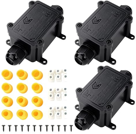 WIYETY 3er-Set Abzweigdose wasserdicht IP68: Schwarze Verteilerdose Außen, Dreifach-Kabelverbinder, Erdkabel Klemmdose für Garten, Terrasse und Außeninstallationen, Kapazität für 4-8mm sowie 6-11mm